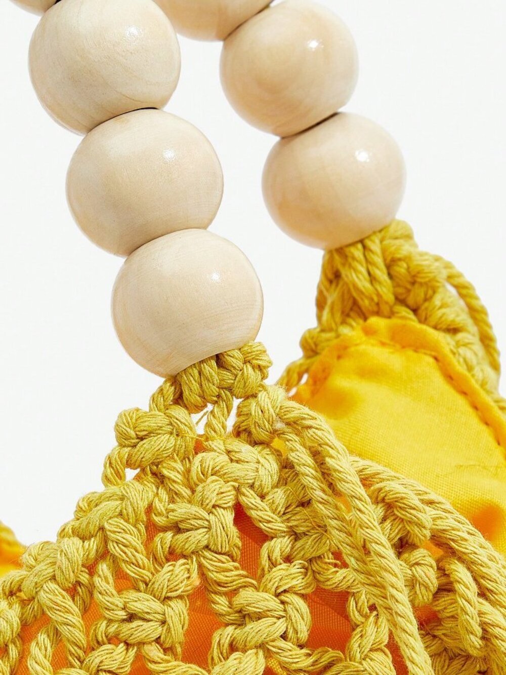 Yellow Vacation Women's Woven Crochet Wood Bead Tote Handbag - Picture 6 of 8